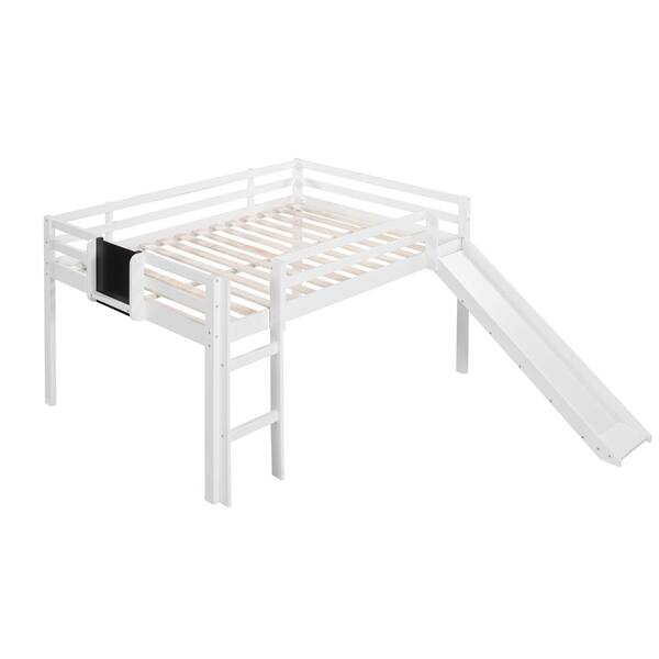 URTR Full Size Loft Bed Wood Bed with Slide, Ladder, and Chalkboard, Loft Bed for Kids, Teens, No Box Spring Needed, White