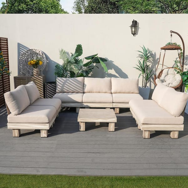 moda furnishings Choi 8-Piece Aluminum Outdoor Patio Wood Grain Sectional Conversation Set with White Cushions