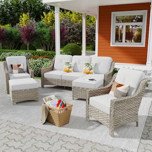 Freddie 5-Piece Wicker Outdoor Patio Conversation Seating Sofa Set with Light Gray Cushions