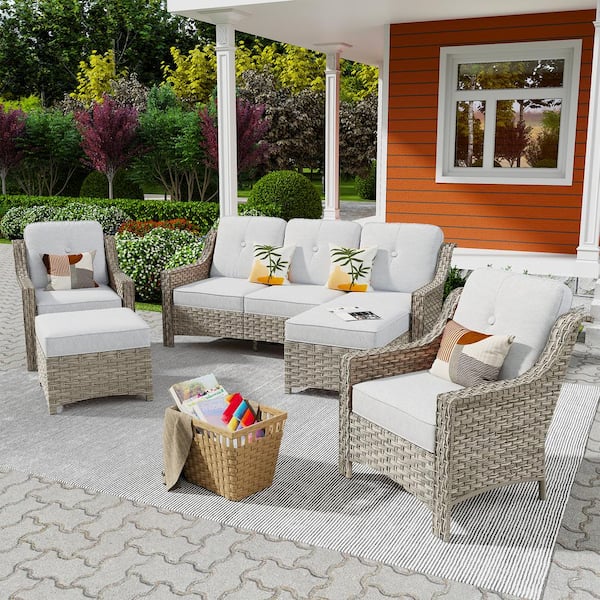 Freddie 5-Piece Wicker Outdoor Patio Conversation Seating Sofa Set with Light Gray Cushions