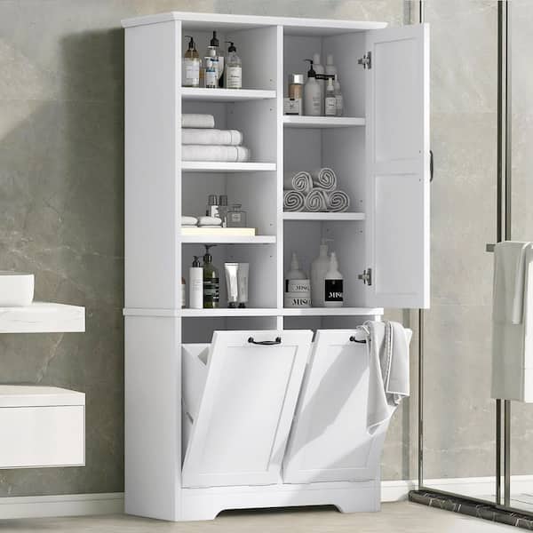 31 in. W x 14 in. D x 68 in. H White Wood Linen Cabinet Storage Cabinet with Tilt-Out Laundry and Adjustable Shelf