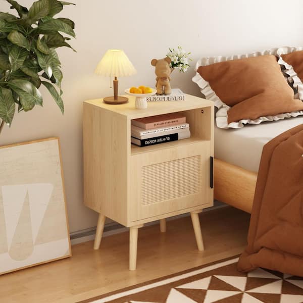 Samantha Boho Brown 22.83 in. H Nightstands with Rattan Door, Open Shelf, Oak