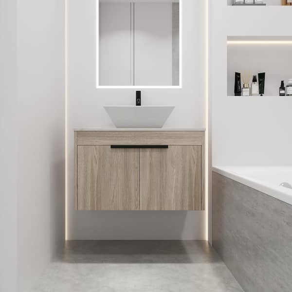 29.5 in. W x 18.9 in. D x 23.3 in. H Wall Mounted Bath Vanity White Oak with Ceramic Top, Soft Close Door, Single Sink