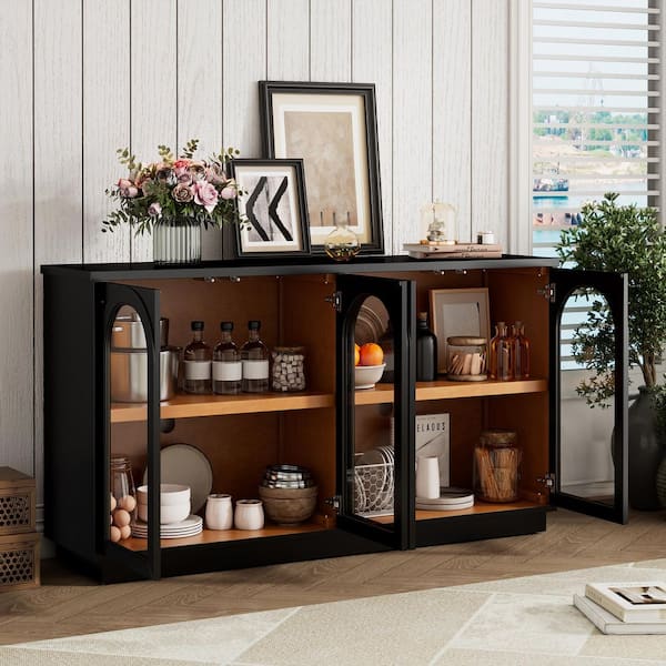 Harper & Bright Designs Retro-Style Black MDF Top 57.7 in. Sideboard Buffet with 4-Glass Door, Adjustable Shelves