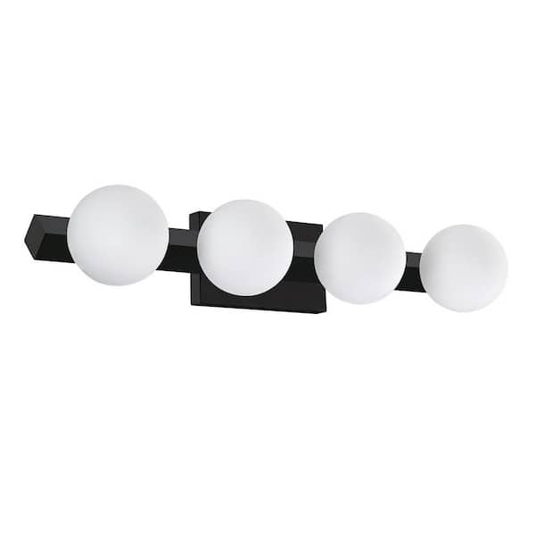 Kendal Lighting ORBITRON 28 in. 4 Light Black, White Vanity Light with White Glass Shade