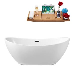 67 in. Acrylic Flatbottom Non-Whirlpool Bathtub in Glossy White with Matte Black Drain and Overflow Cover