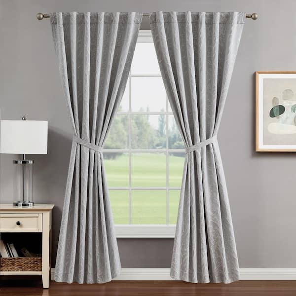 CREATIVE HOME IDEAS Collins Cool Grey Branch Pattern Polyester 50 in. W x 84 in. L Back Tab Blackout Curtain (2-Panels with 2-Tiebacks)