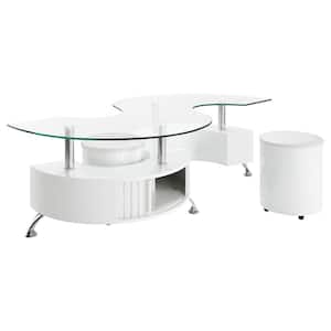 Buckley 51.25 in. White High Gloss Specialty Glass Top Coffee Table With Stools