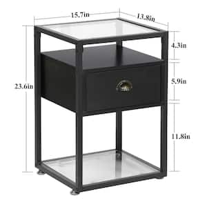 Nightstand Bedside Table Living Room Sofa End Table Transparent Glass Table Top, Black, 23.6"Tx13.8"Wx15.7"L