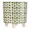 Green and White Footed Stoneware Planter with Abstract Print