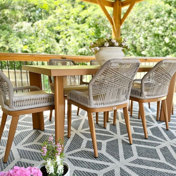 7-Piece Aluminum Outdoor Dining Set Teak Patio Furniture Set Wicker Table and Chairs with Cushions