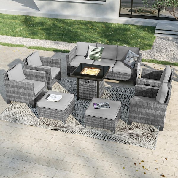 Sonkuki 8-Pieces Patio Conversation Set with Square Fire Pit Table and Ottomans, PE Gray Wicker Sofa with Gray Cushion