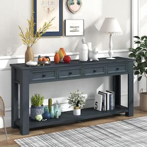 63 in.Navy Rectangle Wood Long Console Table with 4 Drawers and Bottom Shelf, Sofa Table for Entryway Hallway