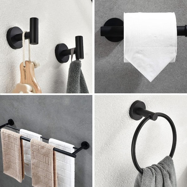 5-Piece Bath Hardware Set with Towel Ring Toilet Paper Holder Towel Hook and Towel Bar in Stainless Steel Matte Black