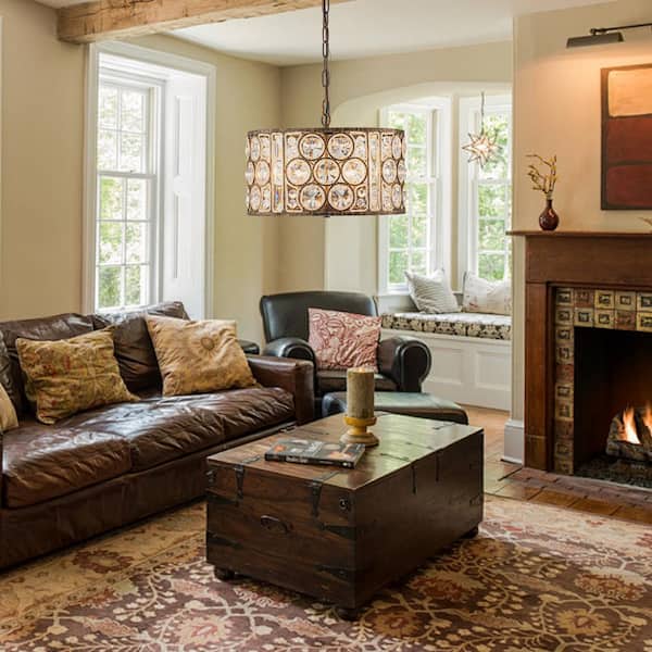 Iridescent 4-Light Vintage Crystal Drum Antique Bronze Chandelier Retro Classic Round Lighting Fixture for Dining Room