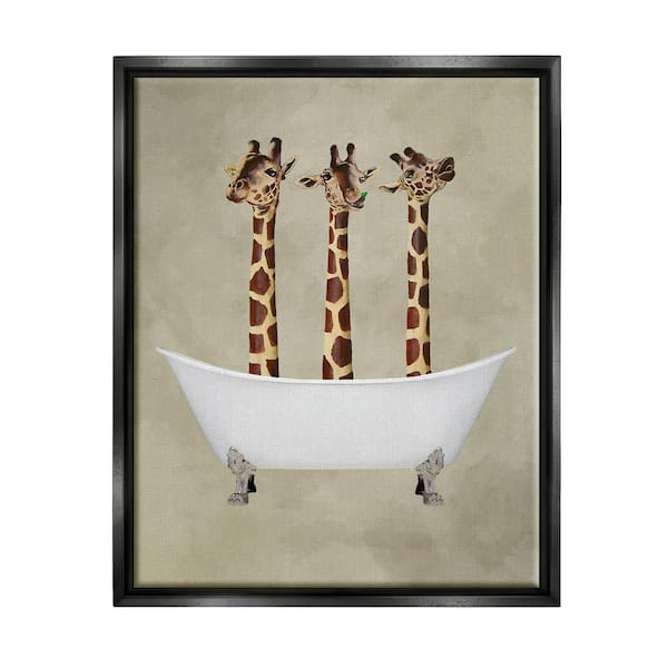 The Stupell Home Decor Collection Three Giraffes In A Bathtub by Coco de Paris Floater Frame Animal Wall Art Print 21 in. x 17 in.