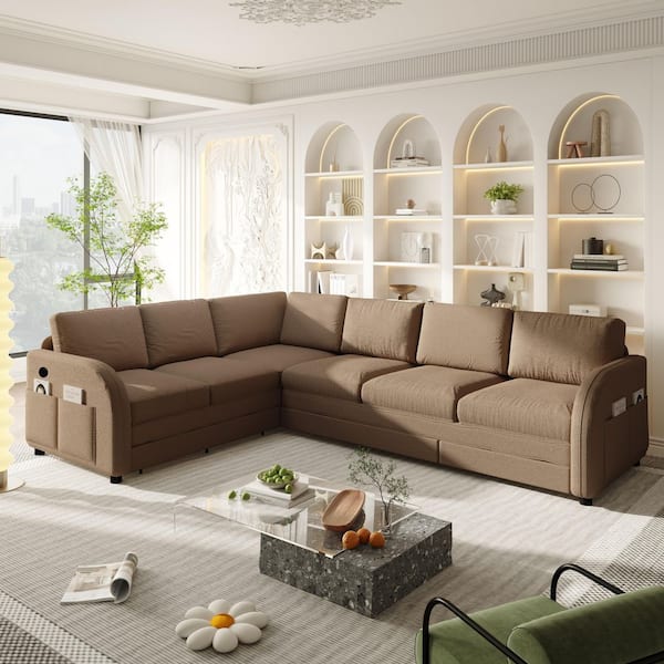 115.2 in. Square Arm Teddy Sofa in Brown with Pull-Out Bed,Side Pocket and USB Port