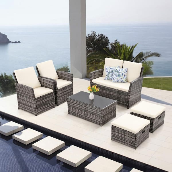 Brown Wicker 6-Piece Outdoor Sectional Set with Beige Cushions