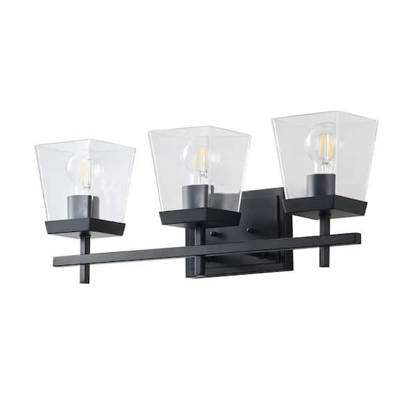 aiwen 22.05 in. 3-Light Matte Black Bathroom Vanity Light Over Mirror with Clear Glass Shades