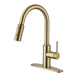 3-Spray Patterns 1.8 GPM Single Handle Pull Down Sprayer Kitchen Faucet with Deckplate, Detachable Brush in Brushed Gold