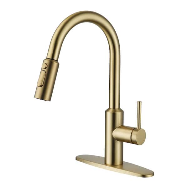Boyel Living 3-Spray Patterns 1.8 GPM Single Handle Pull Down Sprayer Kitchen Faucet with Deckplate, Detachable Brush in Brushed Gold