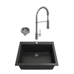 Campino Uno Matte Black Granite Composite 24 in. Single Bowl Drop-In/Undermount Kitchen Sink with Faucet