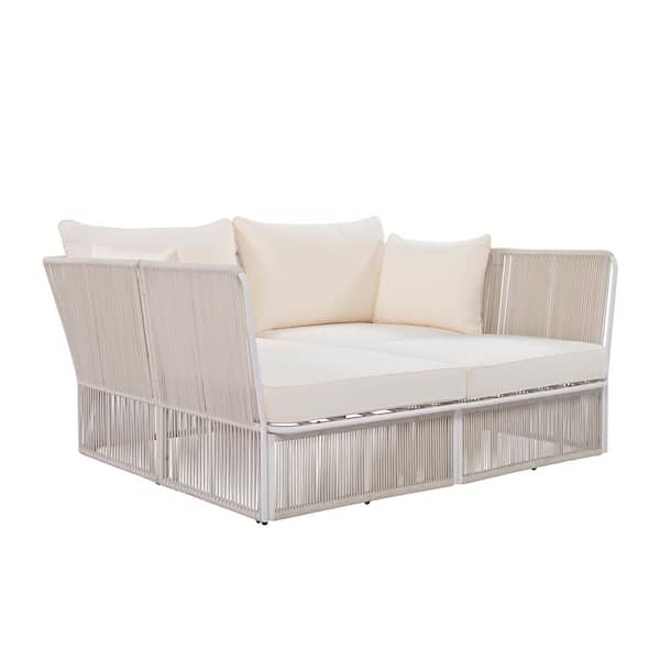 Unbranded Natural 2-Piece Metal Outdoor Day Bed with Beige Cushions and Clear Tempered Glass Table
