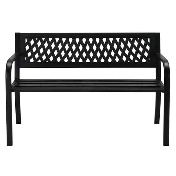 47 in. Black Iron Metal Bench with PVC Mesh Backrest-Durable Outdoor Patio & Garden Seating