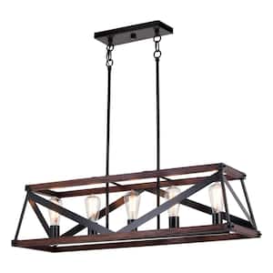 Wade 5-Light Black and Sycamore Wood Rustic Cage Linear Chandelier Island Pendant Light Fixture