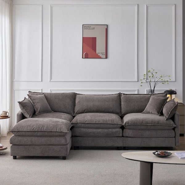 Weyric Modern 105 in. Chenille Upholstered L-Shape 3-Seats Modular Sectional Sofa in Grey with Ottoman, Pillows