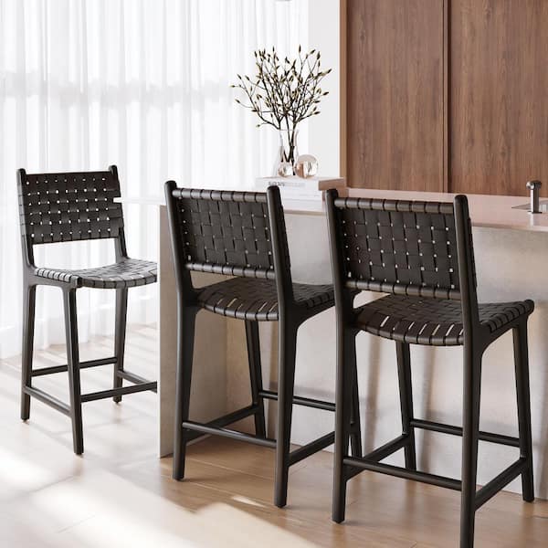 Banda 26 in. Seat Height Black Wood Teak and Leather Counter Height Stool