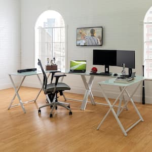 102 in. U-Shaped White Metal Computer Desks with Glass Top