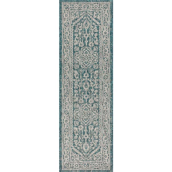 Jonathan Y Teal Blue Gray 2 Ft X 8 Ft Sinjuri Medallion Textured Weave Indoor Outdoor Runner Rug Smb101c 28 The Home Depot