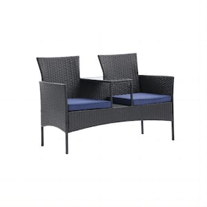 Black Wicker Outdoor Loveseat with Table and Blue Cushions