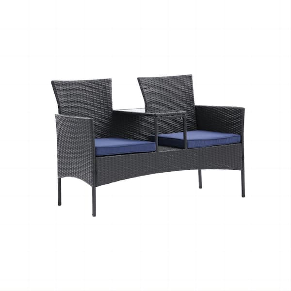 Wiilayok Black Wicker Outdoor Loveseat with Table and Blue Cushions