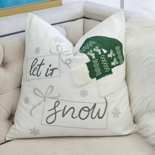 20 in. x 20 in. Outdoor Christmas Throw Pillow, Square Cotton Cushion with Green Knit Hat Design and Insert