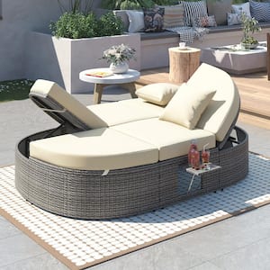 Gray Wicker Outdoor Day Bed with 2 Adjustable Backrests, 2 Foldable Cup Trays and Beige Cushions