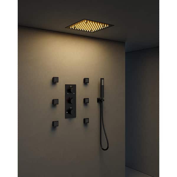 YAWWALK Thermostatic 5-Spray 12 in. Square LED Mood Lighting Shower System with 6-Jets in Matte Black (Valve Included)