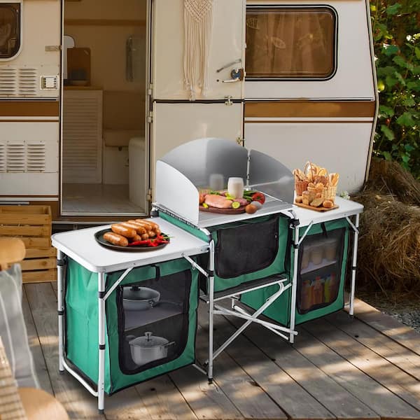6' Aluminum Portable Fold-Up Camping Kitchen Table with Windscreen and 5  Enclosed Cupboards 