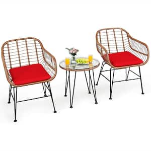 3-Piece Rattan Patio Conversation Set with Red Cushion