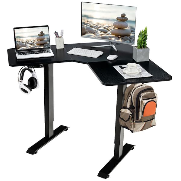 Costway 59.5 in. L Shaped Black Wood Electric Adjustable Standing Desk with Controller 2 Hooks M1C 10NH83U1 DK The Home Depot