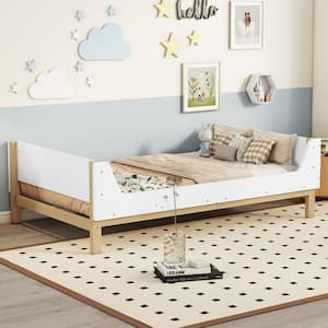 White Wood Frame Twin Size Platform bed with Bed-end Storage Book Rack, Side Guardrails