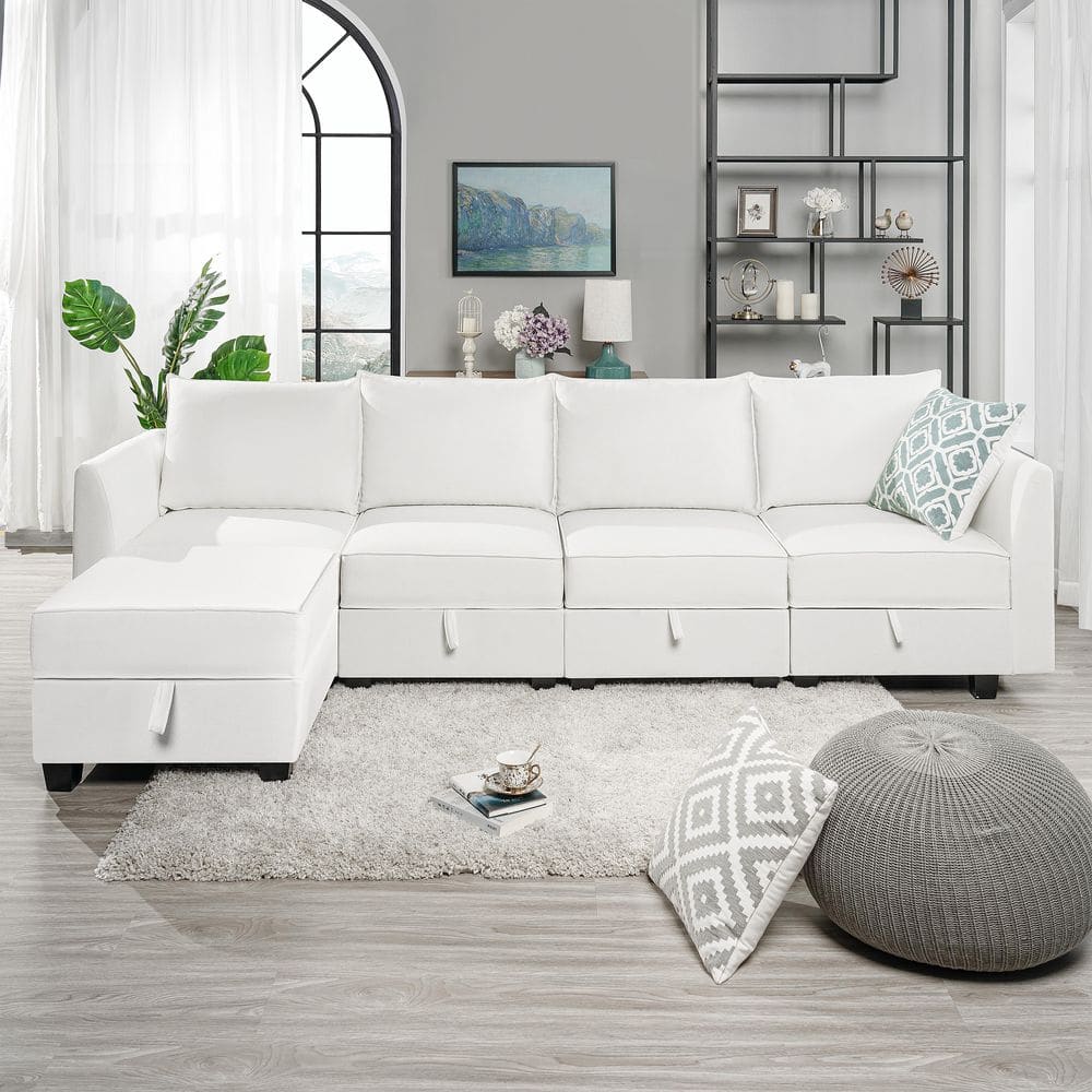 112.8 in. Square Arm 4-piece Linen Upholstered L-Shaped Sectional Sofa in. White Down with Ottoman price history on PriceWatchPro