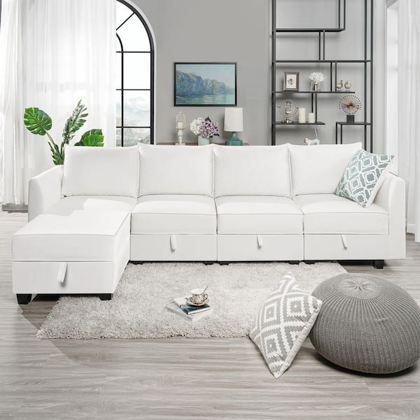 112.8 in. Square Arm 4-piece Linen Upholstered L-Shaped Sectional Sofa in. White Down with Ottoman