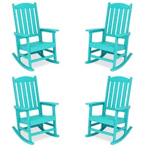 Aruba Blue Plastic Adirondack Outdoor Rocking Chair with High Back, Porch Rocker for Backyard Set of 4