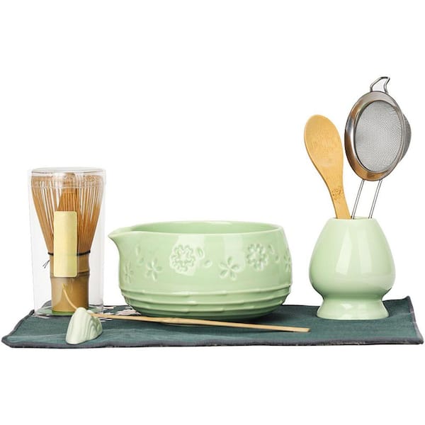 Japanese Matcha Ceremony Set 8-Piece Ceramic Bowl with Spout Bamboo Whisk Spoon Holder Sifter Scoop Rest Kit