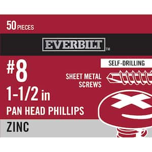 #8 x 1-1/2 in. Zinc Plated Phillips Pan Head Sheet Metal Screw (50-Pack)