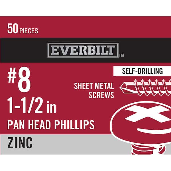 Everbilt #8 x 1-1/2 in. Zinc Plated Phillips Pan Head Sheet Metal Screw (50-Pack)