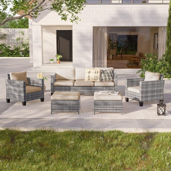 JOYESERY 5-Piece Outdoor Patio Sets, Patio Sectional Furniture Gray PE Rattan Wicker Couch, Two Ottomans, Linen Flax Beige