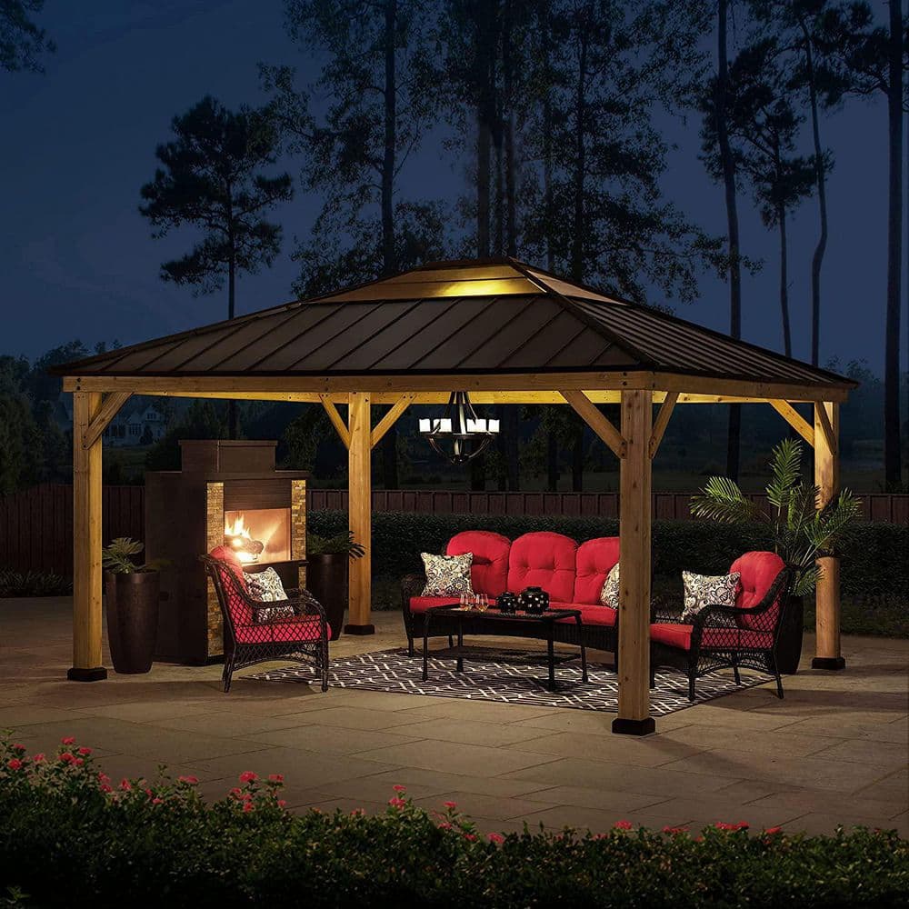 Large Brown Cedar and Steel Hardtop Gazebo for Outdoor Living